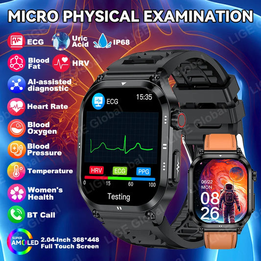 LIGE ECG+PPG Smart Watch Blood Lipid Uric Acid AI Diagnostic Detector Body Temperature Health Monitor Smartwatch Men Women New
