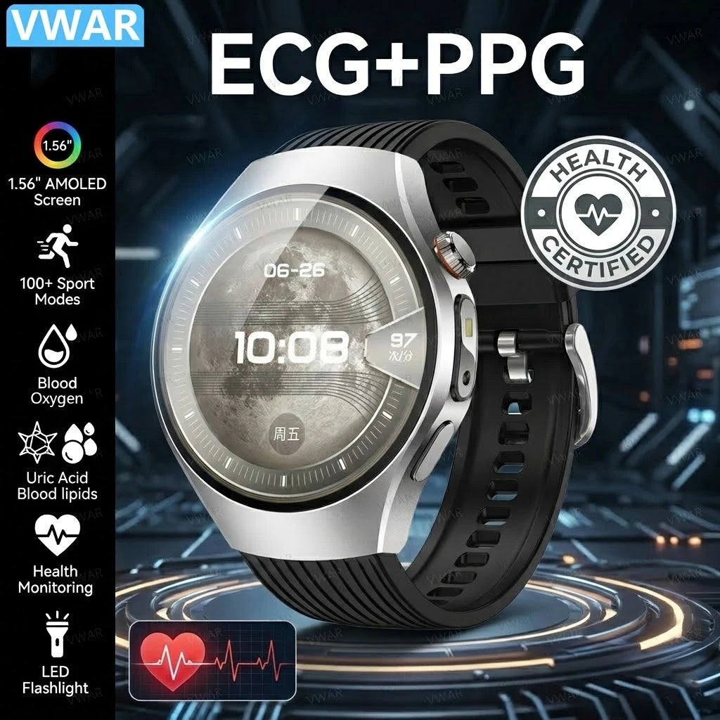 ECG Smartwatch VWAR Watch 5 1.56" AMOLED Uric Acid Blood lipids Blood Oxygen Smart Watch Men LED Flashlight for Android IOS