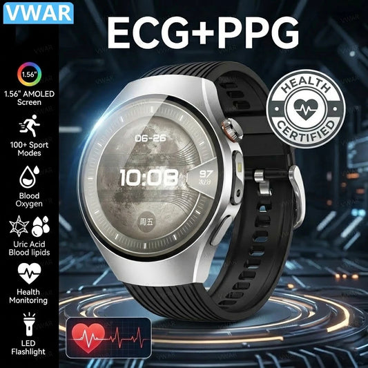 ECG Smartwatch VWAR Watch 5 1.56" AMOLED Uric Acid Blood lipids Blood Oxygen Smart Watch Men LED Flashlight for Android IOS