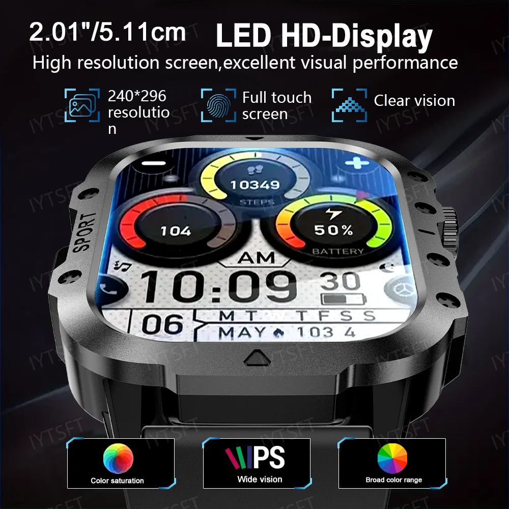 Active Smart Fit LAXASFIT Military Watch — 2.01" HD, BT Call, Outdoor Sports & Health Monitor