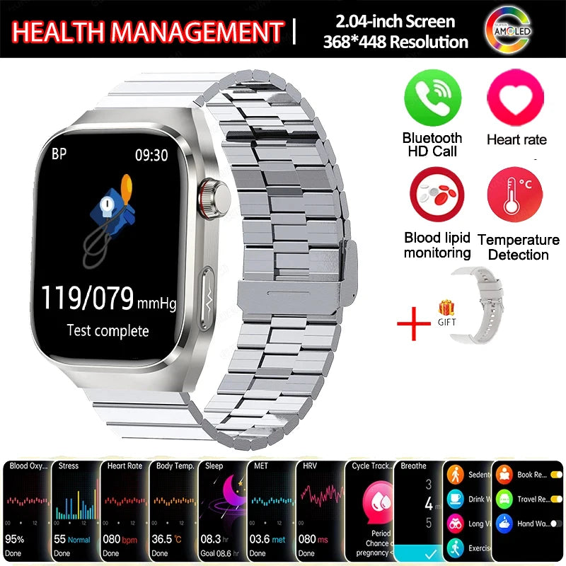 New Smart Watch Men Women ECG 2.04-inch AMOLED Screen Blood Lipids Uric Acid Blood Oxygen Micro Physical Examination Smart Watch