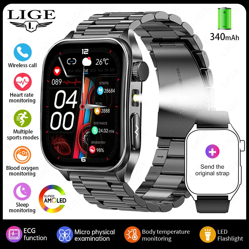 LIGE ECG+PPG Smart Watch 650nm Dual Probe Laser Health Conditioning Women Uric Acid Blood Lipid Blood Pressure Man Smartwatch