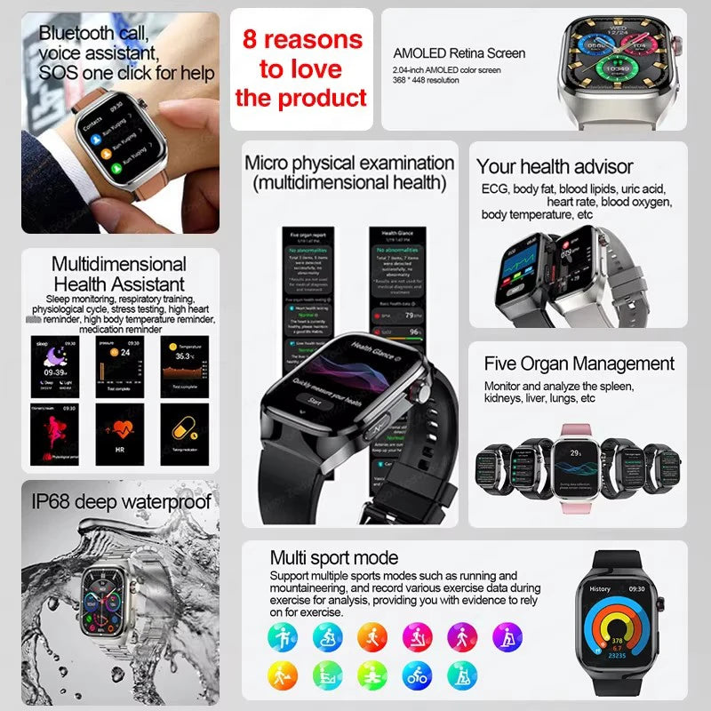 New Smart Watch Men Women ECG 2.04-inch AMOLED Screen Blood Lipids Uric Acid Blood Oxygen Micro Physical Examination Smart Watch