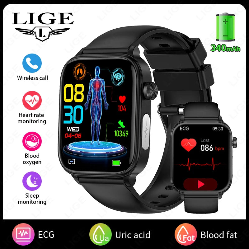 LIGE 2026 New ECG+PPG Healthy Diagnose Smart Watch Body Analysis Blood Pressure Lipid Uric Acid Women's Health Smartwatch Men