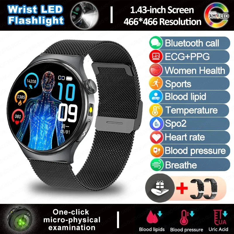 2025 New  ECG Smart Watch AMOLED Health Monitoring Blood Oxygen Uric Acid Blood Components Women's Health Flashlight Smart Watch