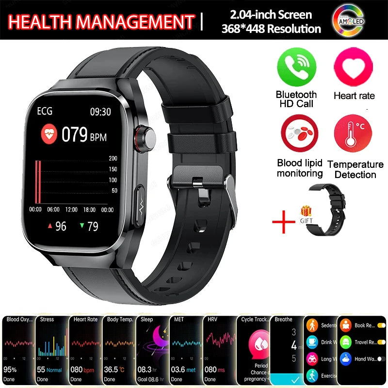 New Smart Watch Men Women ECG 2.04-inch AMOLED Screen Blood Lipids Uric Acid Blood Oxygen Micro Physical Examination Smart Watch