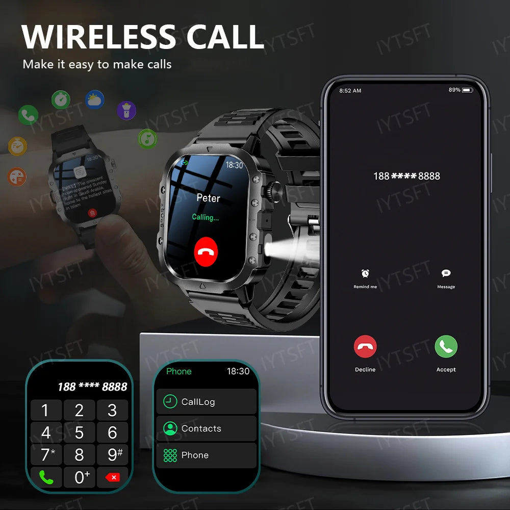 Active Smart Fit LAXASFIT Military Watch — 2.01" HD, BT Call, Outdoor Sports & Health Monitor