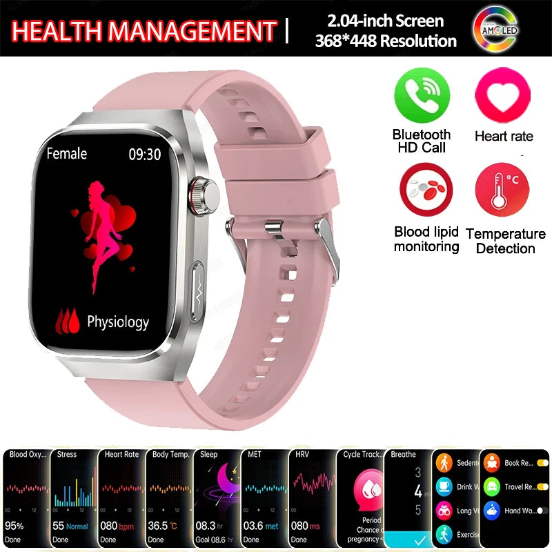 New Smart Watch Men Women ECG 2.04-inch AMOLED Screen Blood Lipids Uric Acid Blood Oxygen Micro Physical Examination Smart Watch