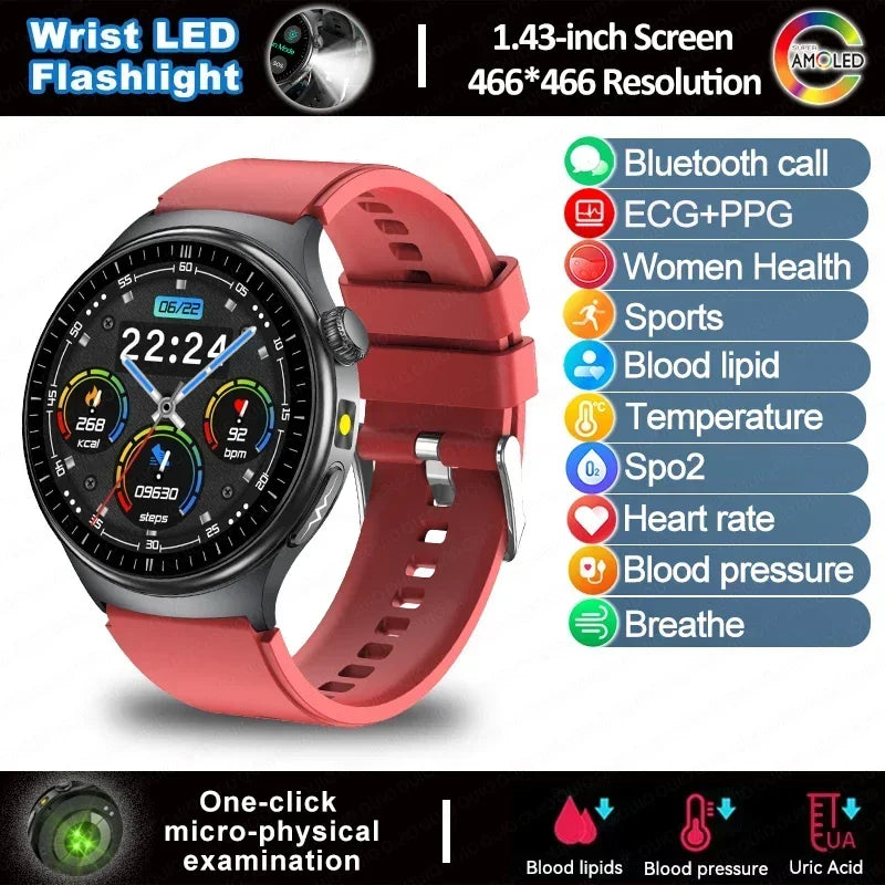 2025 New  ECG Smart Watch AMOLED Health Monitoring Blood Oxygen Uric Acid Blood Components Women's Health Flashlight Smart Watch