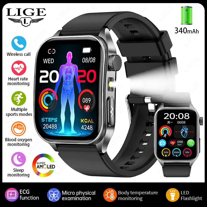 LIGE ECG+PPG Smart Watch 650nm Dual Probe Laser Health Conditioning Women Uric Acid Blood Lipid Blood Pressure Man Smartwatch