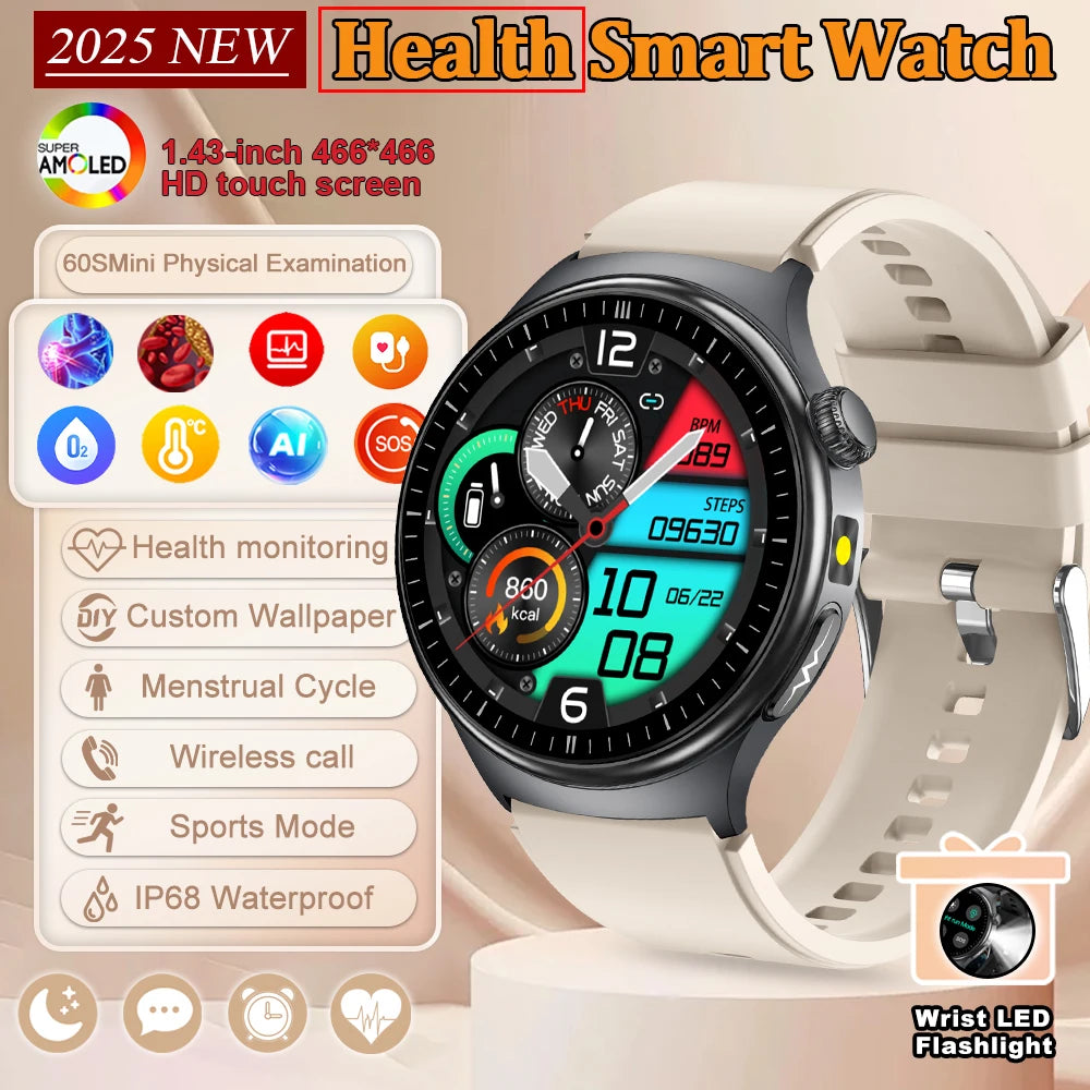 2025 New  ECG Smart Watch AMOLED Health Monitoring Blood Oxygen Uric Acid Blood Components Women's Health Flashlight Smart Watch