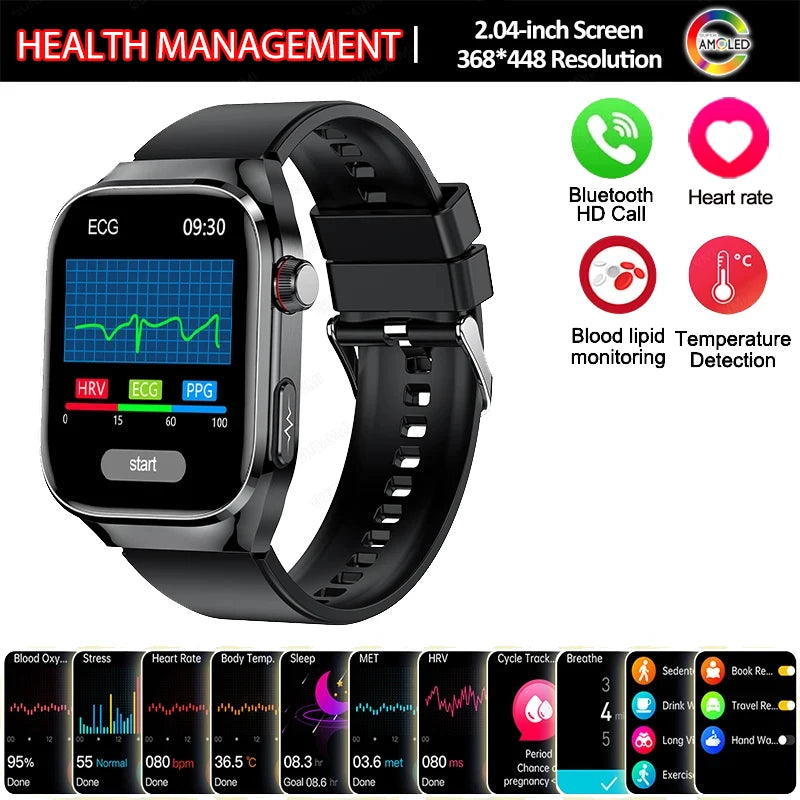 New Smart Watch Men Women ECG 2.04-inch AMOLED Screen Blood Lipids Uric Acid Blood Oxygen Micro Physical Examination Smart Watch