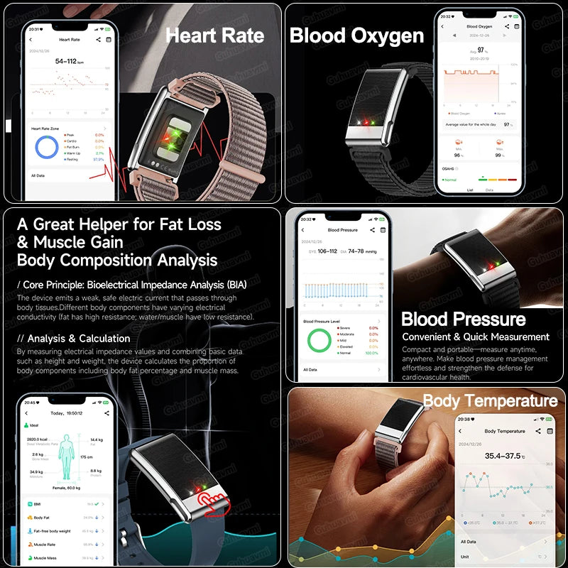 Men's ECG Health Smart Watch BMI Body Fat Measure Blood Lipids Uric Acid 120+ Sports Mode Screenless Smart Bracelet Women Gifts