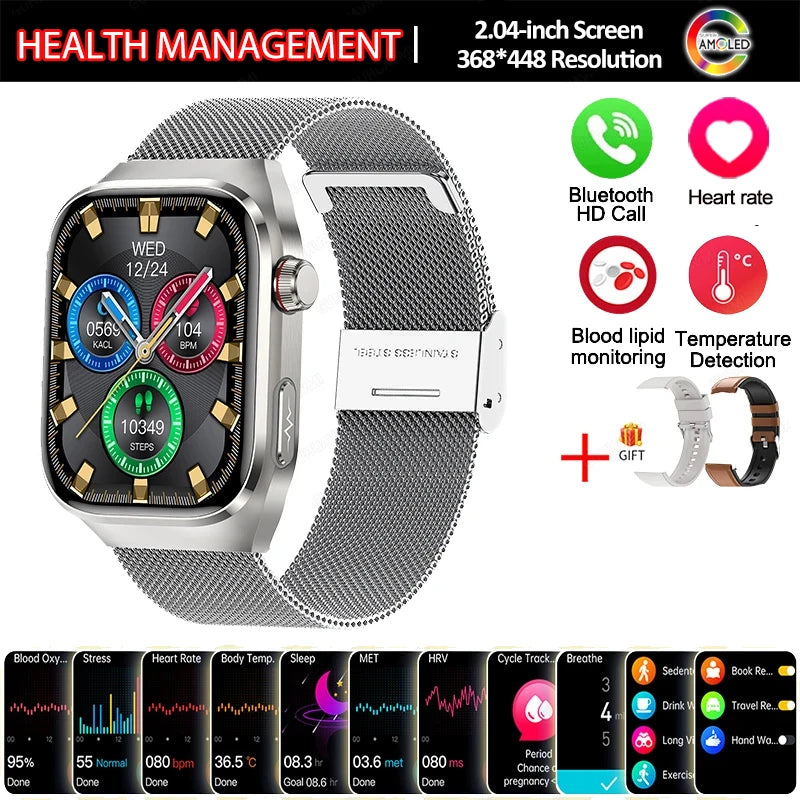 New Smart Watch Men Women ECG 2.04-inch AMOLED Screen Blood Lipids Uric Acid Blood Oxygen Micro Physical Examination Smart Watch