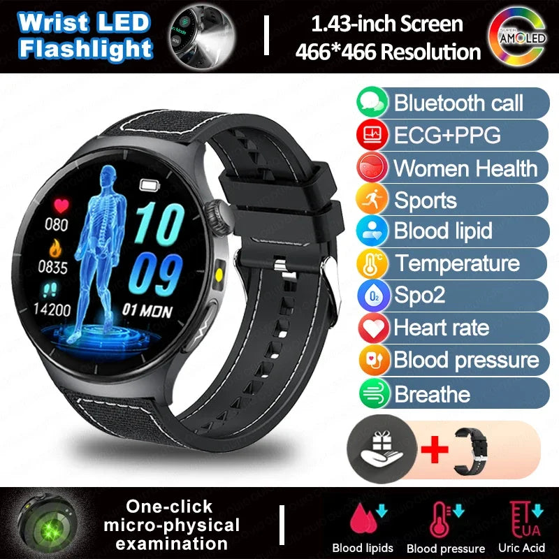 2025 New  ECG Smart Watch AMOLED Health Monitoring Blood Oxygen Uric Acid Blood Components Women's Health Flashlight Smart Watch