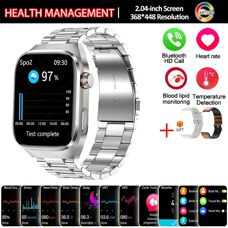New Smart Watch Men Women ECG 2.04-inch AMOLED Screen Blood Lipids Uric Acid Blood Oxygen Micro Physical Examination Smart Watch